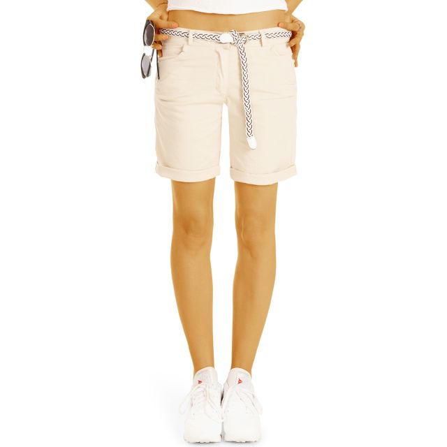 Sommer Chino Stoff Shorts - Kurze lockere Hosen mit Gürtel - Damen - h23a
