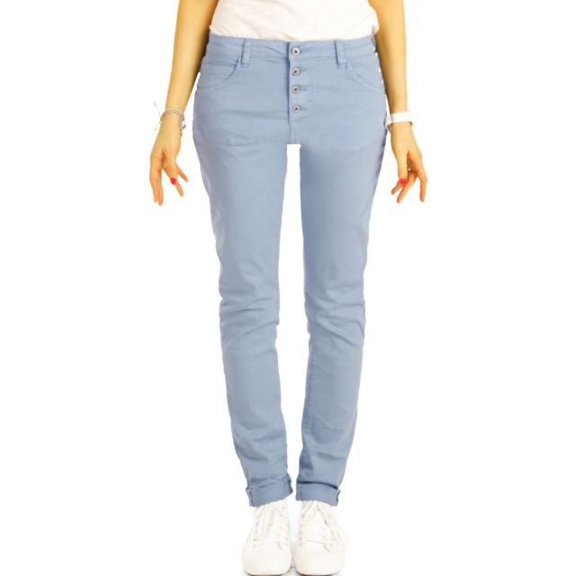 Medium - Low Waist Baggy Jeans Tappered mit Knopfleiste - Bequeme Boyfriend Stretch Hose - Damen - j30L-3