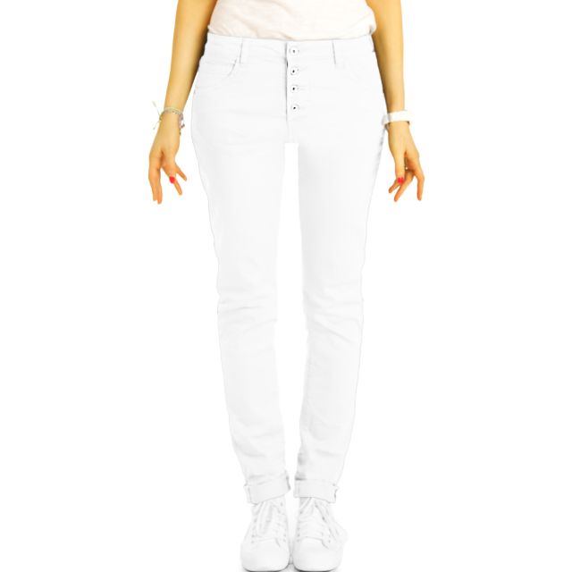 Medium - Low Waist Baggy Jeans Tappered mit Knopfleiste - Bequeme Boyfriend Stretch Hose - Damen - j30L-3