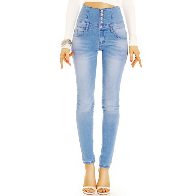 High Waist Slimfit Röhrenjeans Skinny Stretch Hosen mit langer Knopfleiste - Damen - j35p