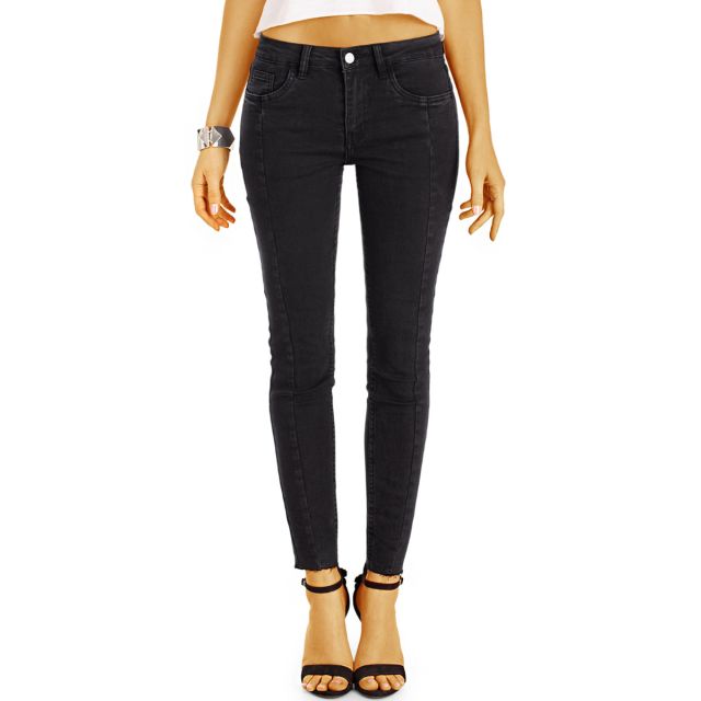 Skinny Fit Röhrenjeans mit Stretch in Schwarz mit stylischer Mittelnaht und offenem Saum - j12g-2