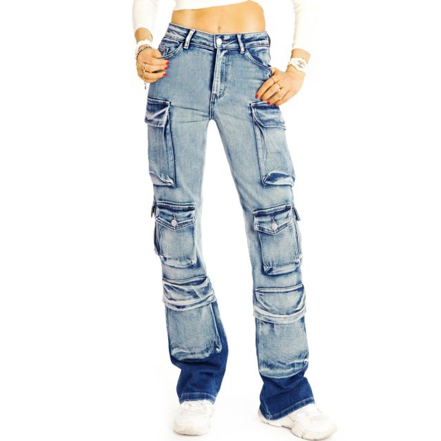 High Waist Cargojeans Hose Weite Cargo Jeanshose mit aufgesetzten Taschen - Damen - j31L-1