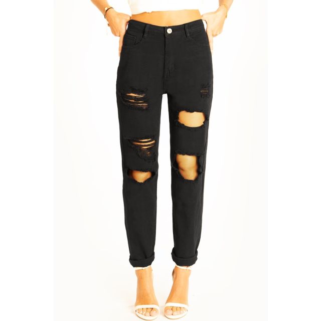 Zerrissene Mom fit Jeans schwarze High Waist Hose destroyed Look stretchig - Damen - j11p-1