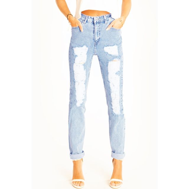Zerrissene röhrige High Waist Jeans used Look slim fit Hose mit hoher Leibhöhe - Damen - j24k-L