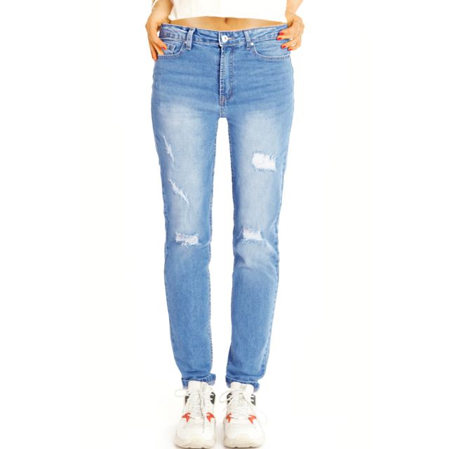 Röhrige destroyed High Waist Jeans mittelblau zerrissene Slim Fit Hose - Damen - j18k