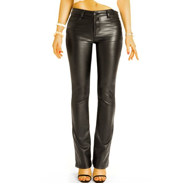 Hüftige Slim Fit Bootcuthose schwarze vegane Lederhose Hüfthose- Damen - j9L-2