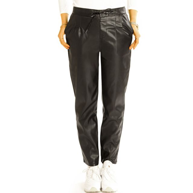 Hüftige vegane Imitatlederhose schwarze lockere low waist Damenhose - Damen - j6L-2