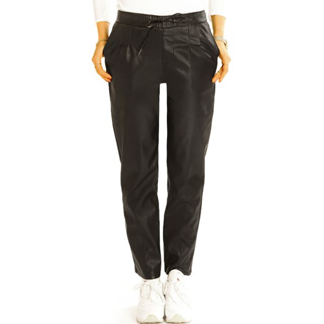 Hüftige vegane Imitatlederhose schwarze lockere low waist Damenhose - Damen - j6L-2