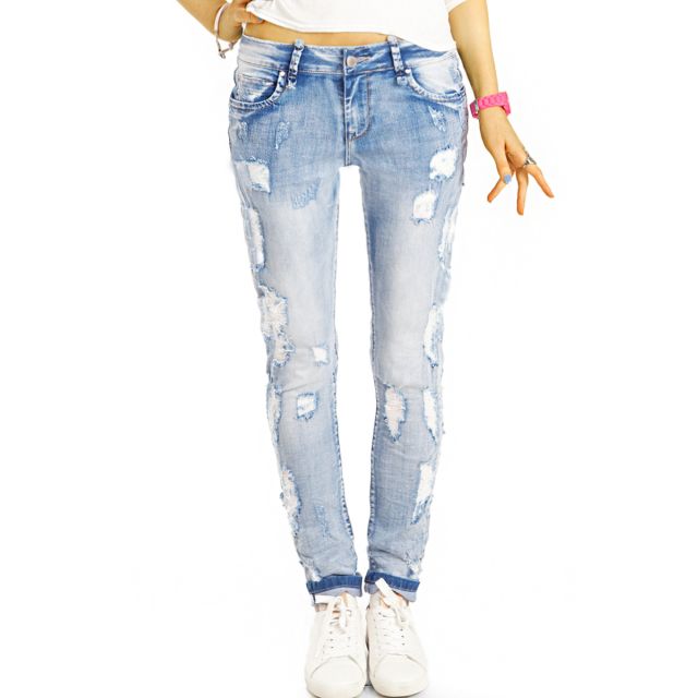 Medium Waist Jeans, zerrissene Destroyed Used-Optik, hellblaue röhrige Slim fit Hose - Damen - j17p