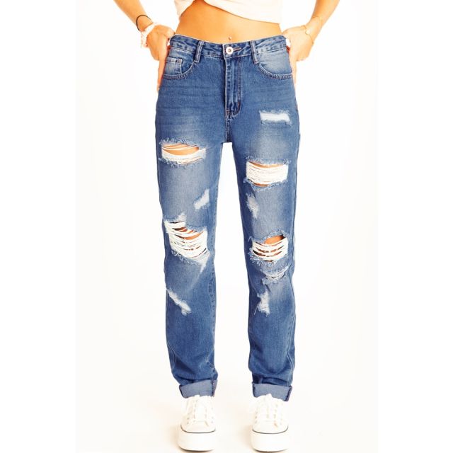 High waist Boyfriend Jeans lockere destroyed Jeanshose dunkelblaue zerrissene Hose - Damen - j12p
