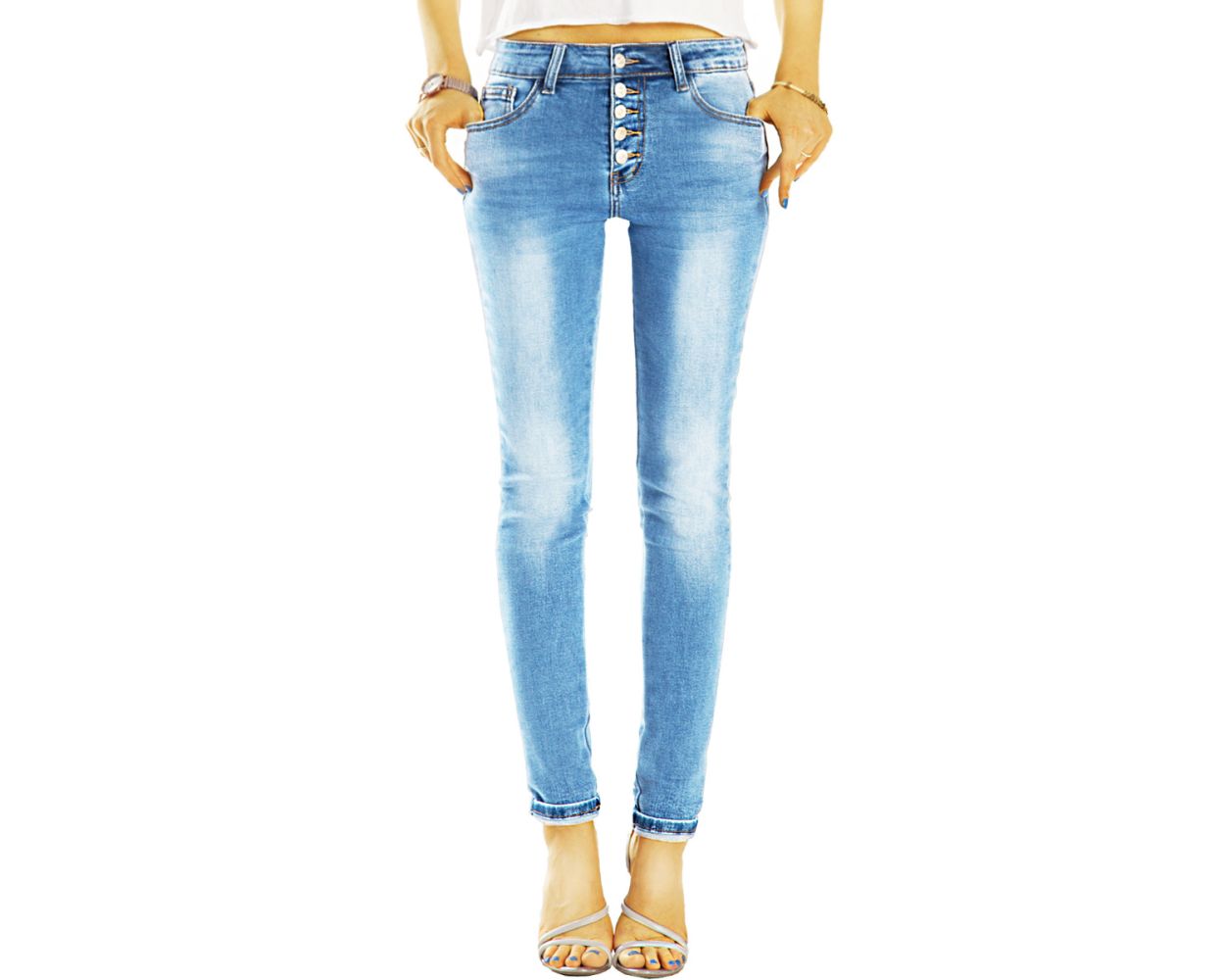 BE STYLED - medium waist Jeans tappered mit Knopfleiste - bequeme stretch  skinny hose - Damen - j15m