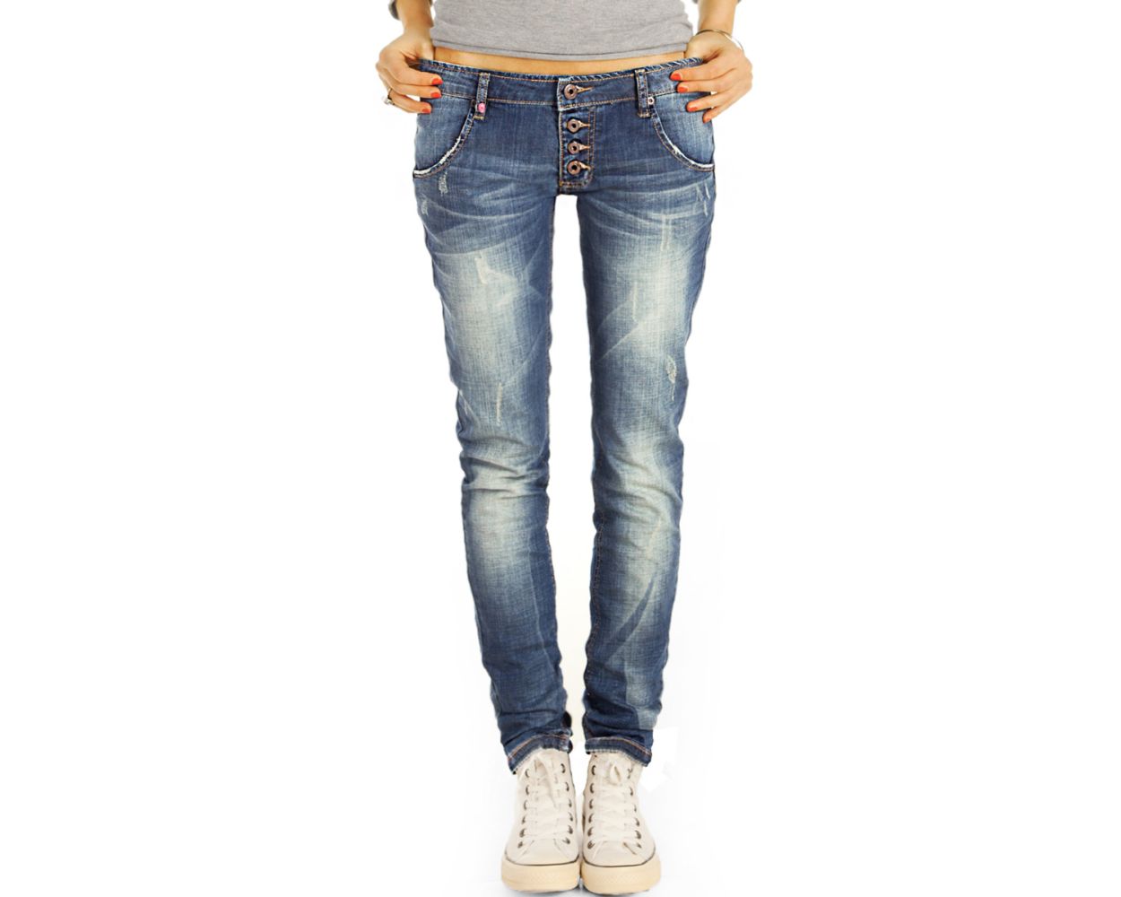 BE STYLED Low Waist Huftjeans mit Knopfleiste Bequeme Boyfriend Stretch Hose Damen j17g 3