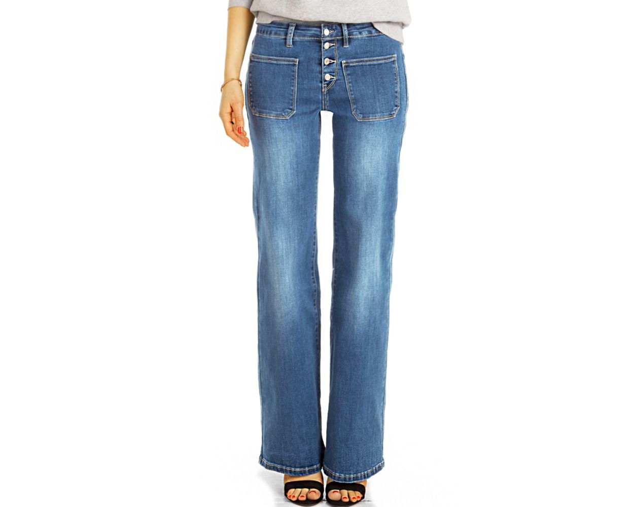 BE STYLED - Bootcut Jeans, medium waist Jeans blau und weiß , Hosen mit ausgestelltem  Bein - Damen - j16r-1