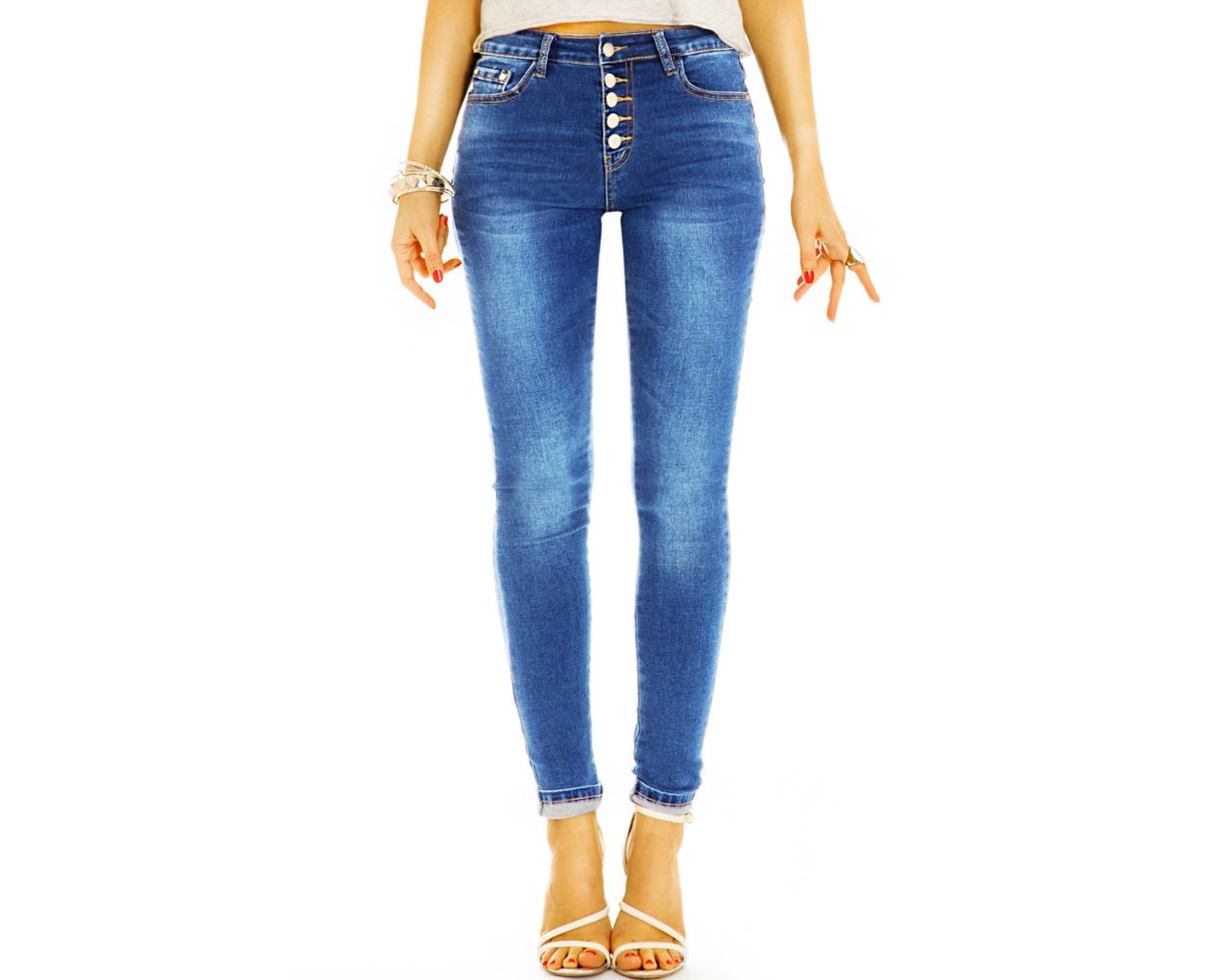 Knopfleiste waist Medium stretch Röhrenjeans - j4e-1 mit Denim skinny - - Damen STYLED - BE Jeans Hose bequeme