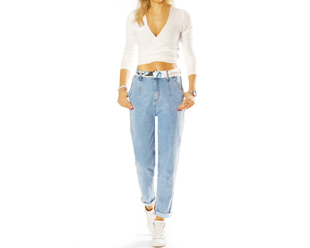 BE STYLED - Mom High Waist Jeans Boyfriend Hose relaxed Tapered fit mit  Gürtel - Damen - j5L-1