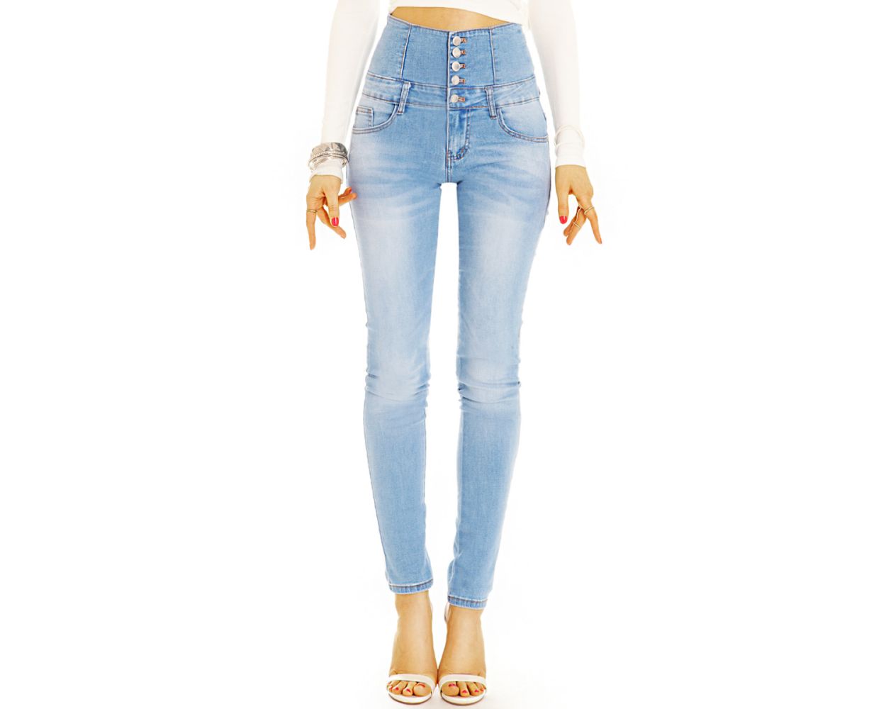 BE STYLED - High Waist Slimfit Röhrenjeans Skinny Stretch Hosen mit langer  Knopfleiste - Damen - j35p