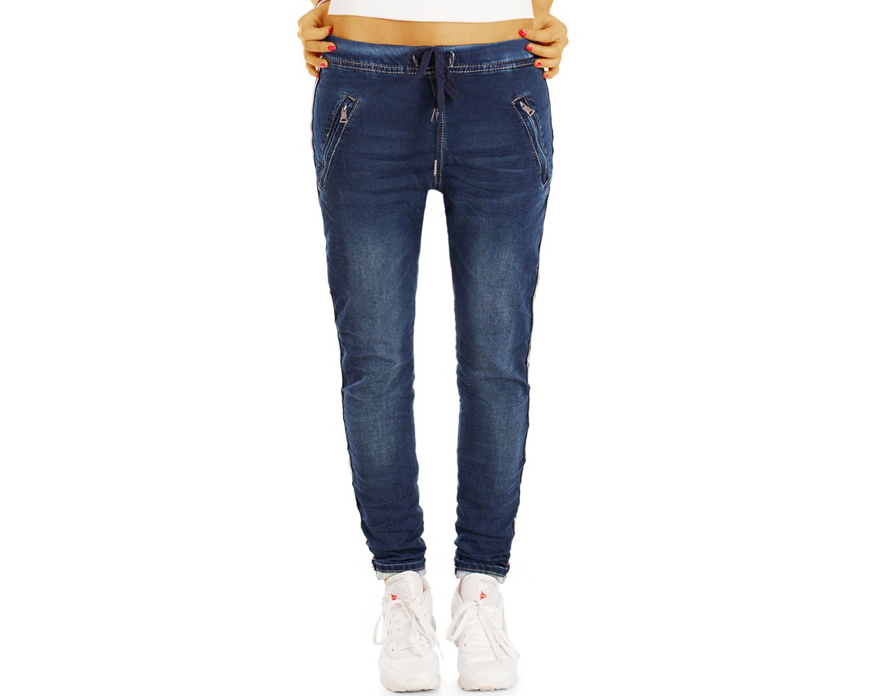 Damen Jeans Streifen Stretch Hose Skinny Röhrenjeans Kontraststreifen TrackPants 