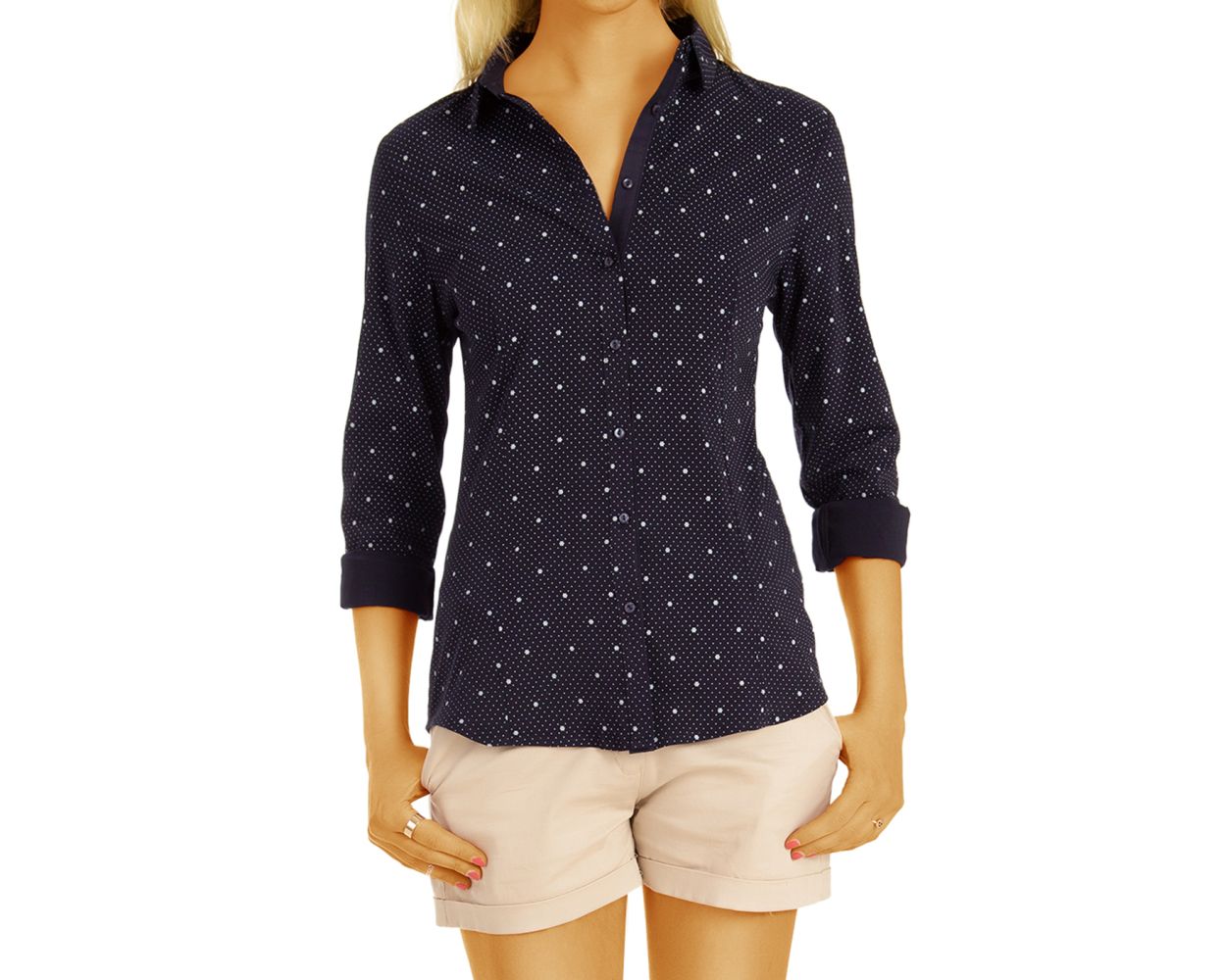 Be Styled Maritimes Tailliertes Blusen Hemd Mit Kragen Knopfleiste Gepunktet Damen Oberteil Top Kleidung T74z