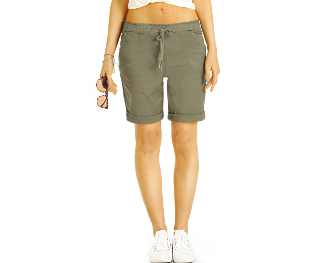 BE STYLED - Sommer Chino Stoff Shorts - Kurze lockere Hose mit Gürtel -  Damen - h23a