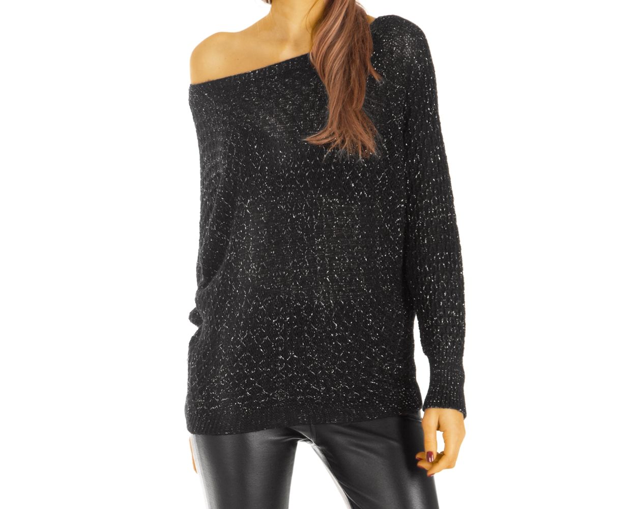 Be Styled Strickpullover Damen Oberteil In Grobstrick Mit Glitzerfaden Und Fledermausarmeln T30z