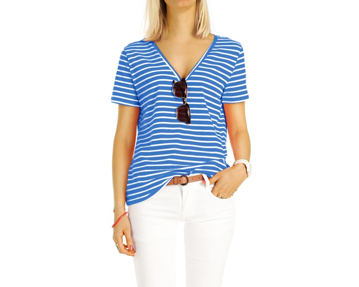 Be Styled Shirt Gestreiftes T Shirt Mit V Ausschnitt Top Maritimes Oberteil Damen T94z