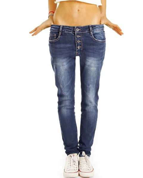 medium waist baggy jeans mit knopfleiste - bequeme boyfriend stretch hose - Damen - j7f