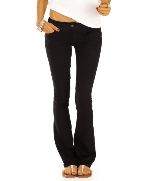 bestyledberlin Damen Basic Boot Cut Hüftjeans - Slim FIt Schlag Jeans Hose in Schwarz - j74kw