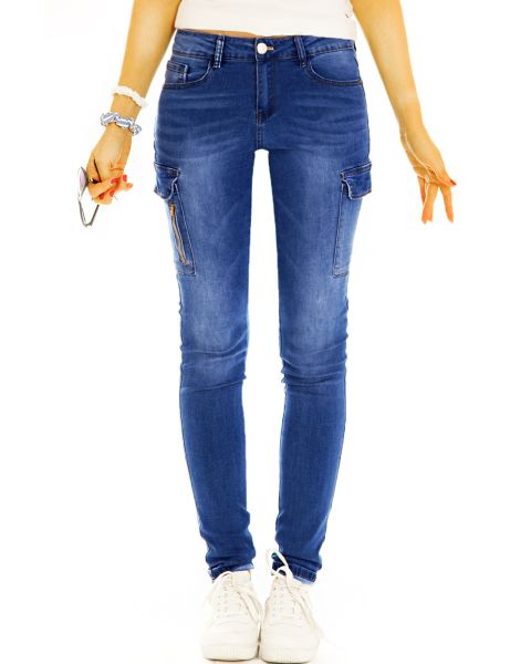 Hüftige Cargohose bequeme Jeans Hose im stretchigen Slim Fit Look - Damen - j1l-1-dunkelblau