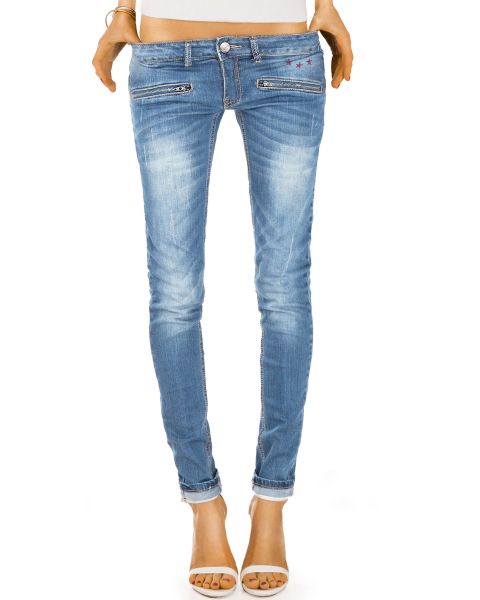 Skinny Damen Hüftjeans - Röhrige Used Look Jeans Hose mit Reißverschluss Taschen - j03ixx