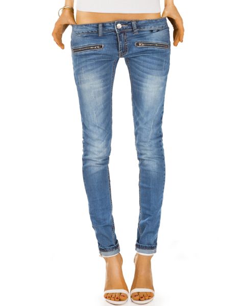 Skinny Slim Fit Hüftjeans mit Reißverschluss Taschen - Röhrige Damenjeans Hose in Used Waschung - j03i