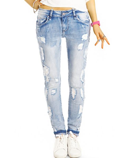 Medium Waist Jeans, zerrissene Destroyed Used-Optik, hellblaue röhrige Slim fit Hose - Damen - j17p