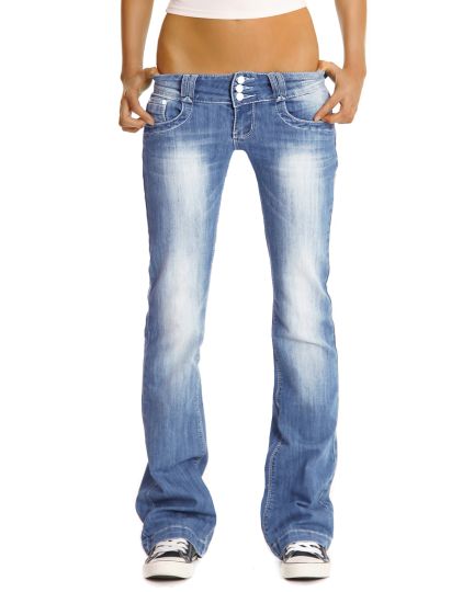 Bootcut Hüft Jeans Jeanshose mit Stretch Dreier Knopfleiste am Bund Dunkelblau Schlag Hose - j97y