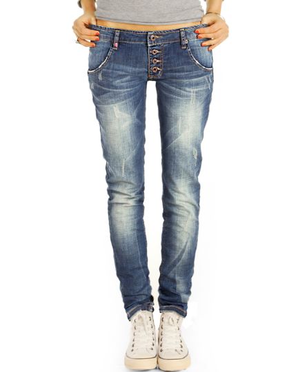 Low Waist Hüftjeans mit Knopfleiste - Bequeme Boyfriend Stretch Hose - Damen - j17g-3