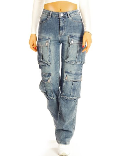 Cargojeans Hose Weite Cargo Jeanshose mit aufgesetzten Taschen - Damen - j31L-3