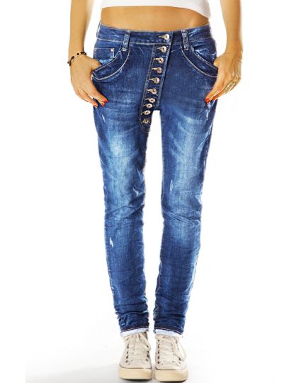 Loose fit Hüftjeans mit asymmetrischer Knopfleiste stretchig bequem - Damen - j17k-1