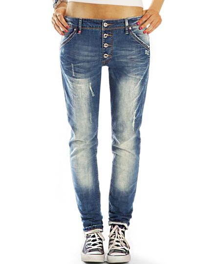 Tapered Baggy Boyfriend Low Waist Hüftjeans Hose bequem weit locker - Knopfleiste - Damen - j19k-2