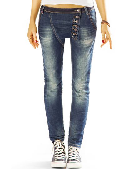 Schmale Slim fit Hüftjeans mit asymmetrischer Knopfleiste stretchig bequem - Damen - j15L