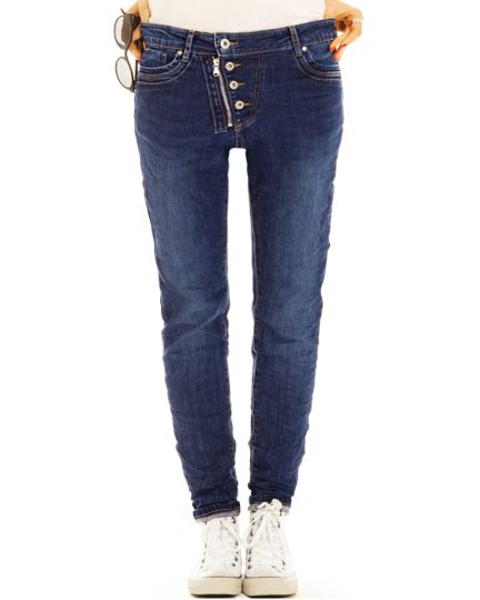Slim Fit Jeans Hose im ausgefallenen Style mit schräger Knopfleiste und Reißverschluss  - Damen - j8e-2