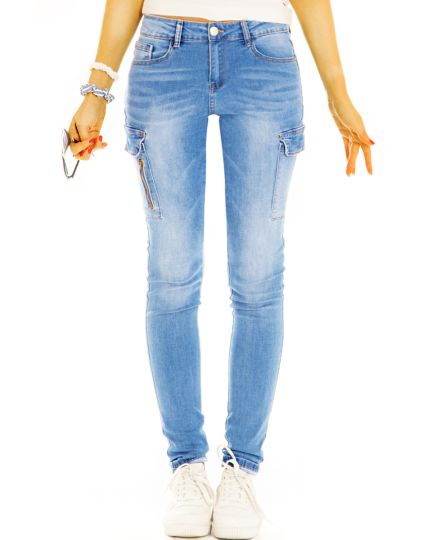 Hüftige Cargohose bequeme Jeans Hose im stretchigen Slim Fit Look - Damen - j1L-1-hellblau