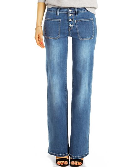 Bootcut Jeans, medium waist Jeans blau und weiß , Hosen mit ausgestelltem Bein  -  Damen - j16r-1