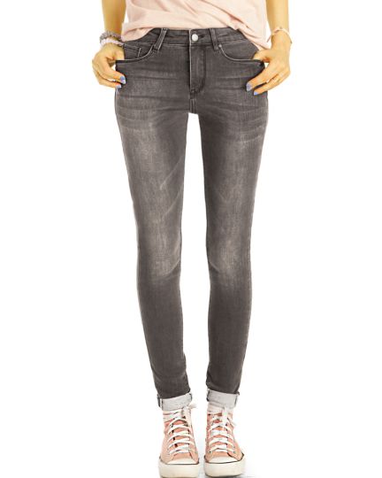 Medium Waist Röhrenjeans Skinny Fit Stretch Hose in Used Vintage Grau - Damen - j2g