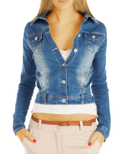 Kurze Damen Jeansjacke - Super Skinny Fit Jacke aus Baumwolle in leuchtendem Hellblau - ja65p