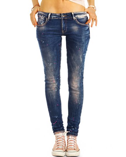 Design Low Waist Jeanshose Hüftjeans mit Farbflecken, röhrig Skinny - Damen - j7p