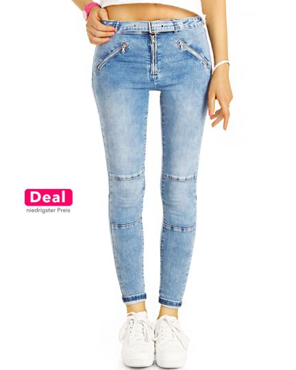 Skinny Röhrenjeans mit Gürtel & Zipper, enge Slim Stretch Fit in Vintage Used Hellblau - Damen - j8p