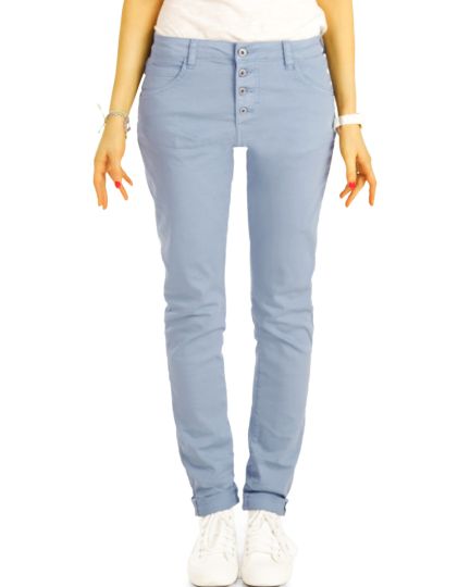 Medium - Low Waist Baggy Jeans Tappered mit Knopfleiste - Bequeme Boyfriend Stretch Hose - Damen - j30L-3