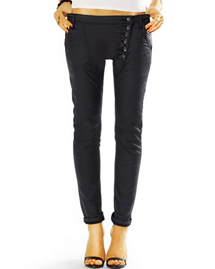 Vegane Hüftige Lederhose mit asymmetrischer Knopfleiste stretchig bequem - Damen - j19L-1