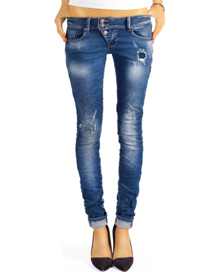 be styled Damen Röhrenjeans - Slim Fit Hüftjeans im used destroyed look mit modischem Bund - j03f