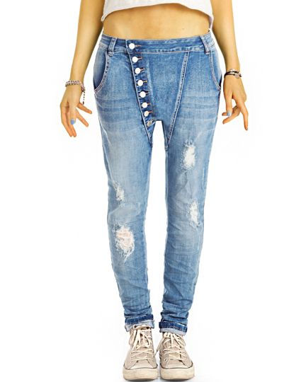  Baggy Boyfriend Low Waist im lockeren Tapered Fit -  schräge Knopfleiste - Damen Jeanshose - j16L-2