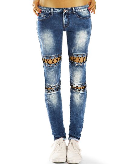 Design Hüftjeans Hose Low Rise, auffällige Details - cool sexy, röhriger Skinny Slim Schnitt - Damen - j31p