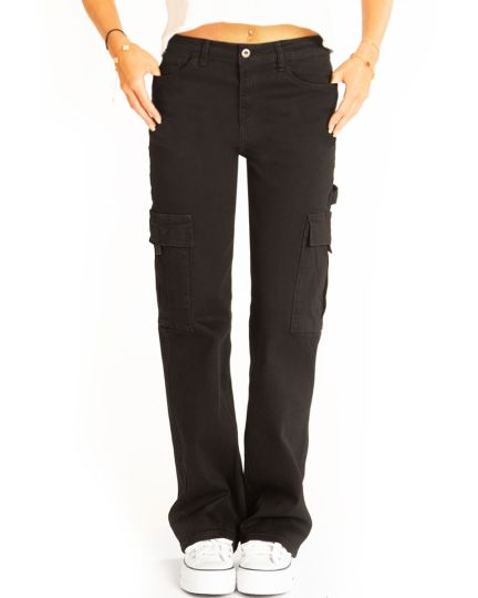 Medium Waist Cargojeans schwarze Cargohose aufgesetzte Taschen - Damen - j10p-1
